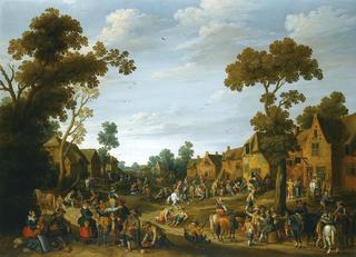 A busy village scene with soldiers and pesants