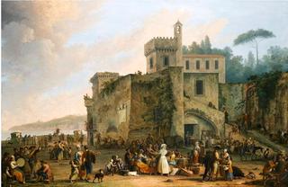 The Bay of Naples, a view of Mergellina with figures revelling and eating