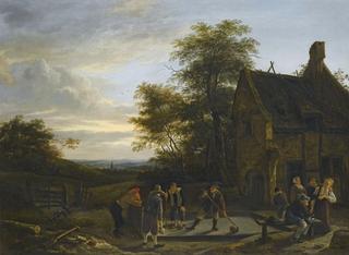 Figures before an inn, merry-making and playing a game of kolfspel