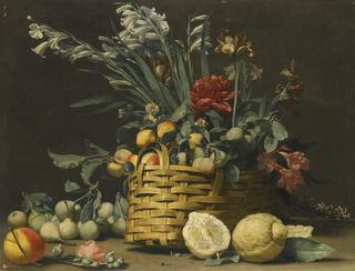 Still Life with Pears, Apples, Chrysanthemum and other Flowers in a Basket Beside Two Large Lemons