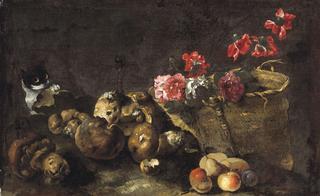 Still Life with Mushrooms, Fruit, a Basket of Flowers and a Cat