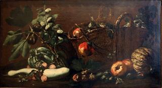 Still life with a basket, fruits and vegetables