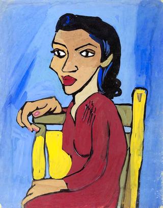 Woman in Red Dress on Yellow Chair