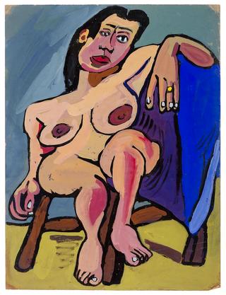 Seated Female Nude on Brown Chair