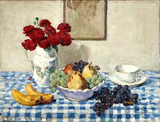 Still life with a bowl of fruit, cup and saucer, and a pitcher of flowers