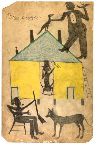 Yellow and Blue House with Figures and Dog
