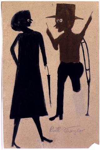 Woman with Umbrella and Man on Crutch