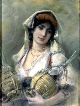 Portrait of a girl from the Alban mountains with two Chianti bottles