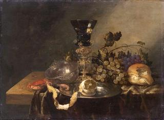 Still life with silver bowl and beaker screw