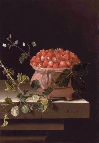 Still Life with a Bowl of Strawberries and a Spray of Gooseberries