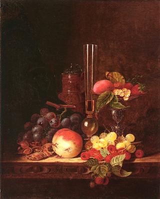 Still Life with Ceramic Jug, Wine Glass, and Tazza with Fruit