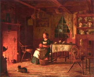 Girl Peeling Fruit Before a Fire