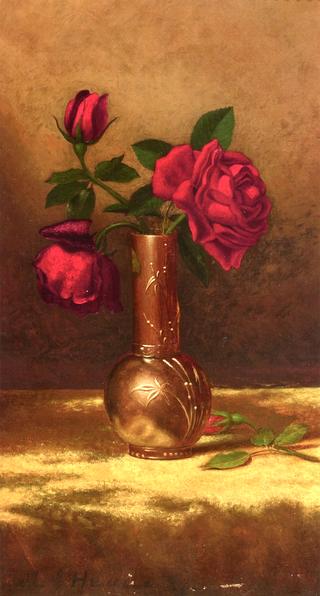 Red Roses in a Silver Vase onGold Velvet