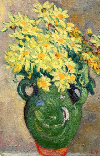 Yellow Daisies in a Green Pitcher