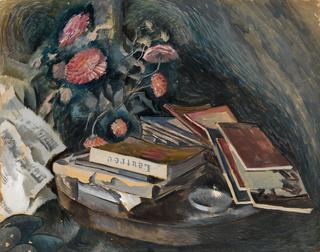 Still Life with Books and Pink Flowers