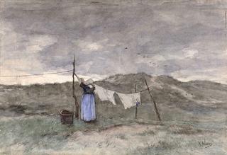 Woman at a Clothes Line in the Dunes