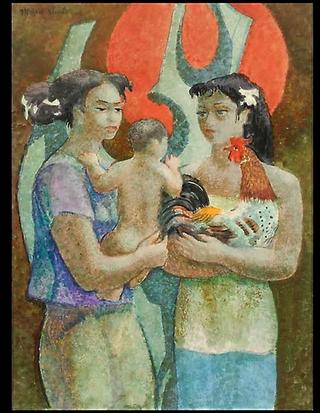 Two Women with Child and Rooster