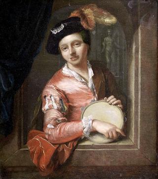 A Young Boy Holding a Tambourine, at an Arch