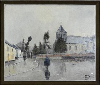 Church square in rain