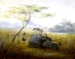 A Dead Elephant, Huntsmen with Shields and Lances Dancing on the Carcass