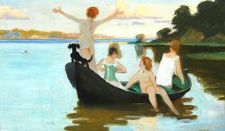 Bathing Girls in a Rowboat on a Summer Day Just Before Sunset