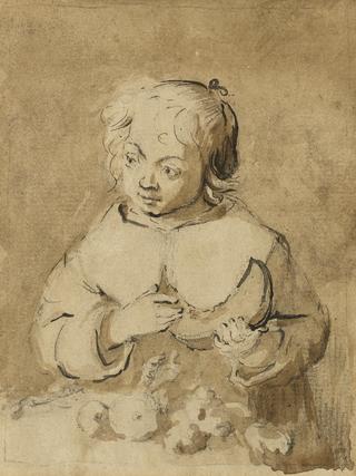 Little Girl at a Table Holding a Slice of Melon