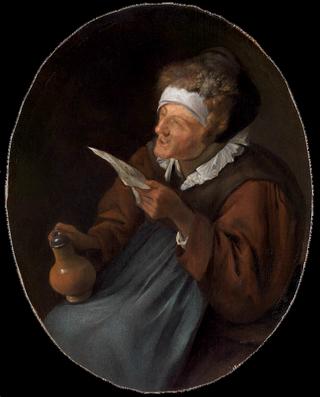 Old Woman with a Fur Cap Holding a Jug and Singing