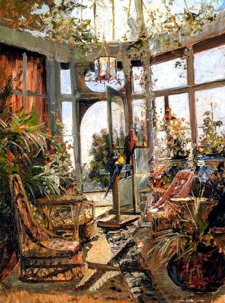 Sunlit Conservatory with Parrots