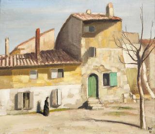 Woman in front of a House