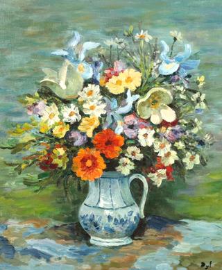 Floral Still Life with Blue and White Pitcher