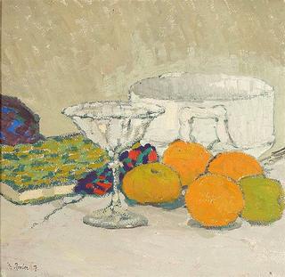 Still Life with bowls, apples and oranges