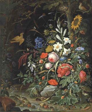 Peonies, lilies, roses, poppies, a sunflower and other flowers on a forest floor....