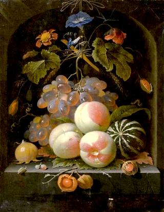 Still life of fruits and flowers with grapes, peaches,melons,corn poppy and insects in a stone niche