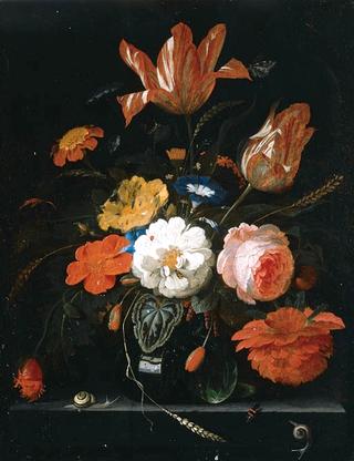 Flowers and Ears of Wheat in a glass Vase with Snails and a Butterfly on a stone Ledge