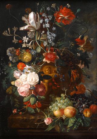 A Still Life of Flowers in a Terracotta Vase on a Ledge