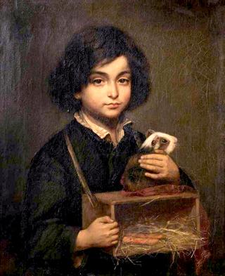 A Boy with a Guinea Pig on it's Cage