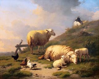 Sheep with Lambs, Goats, and Chickens