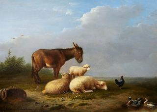 Landscape with a Donkey, Sheep and Poultry