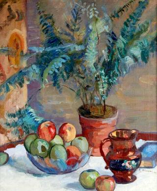 Still Life with Potter Fern, Apples, and Jug