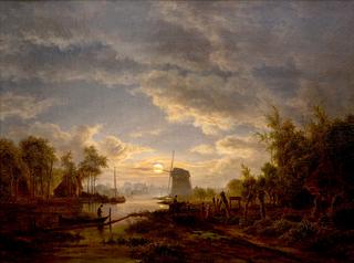 A Moonlit River Landscape with a Windmill