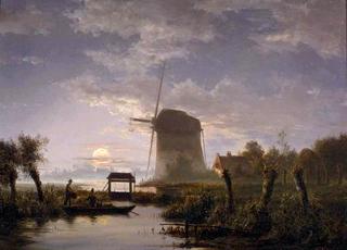 A Moonlit River Landscape with a Windmill