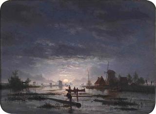 An Extensive River Scene with Fishermen by Night