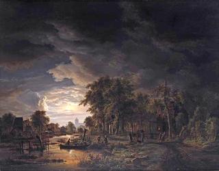 A Moonlit Village by a River