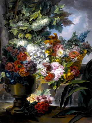 An Outdoor Scene with a Fountain, an Urn and a Basket of Roses, Peonies, Poppies, Hydrangeas and Other Flowers