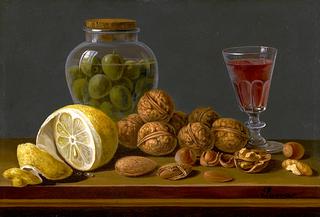 Still Life of Walnuts, Almonds, a Glass Jar of Olives, and a Half-Peeled Lemon on a Table Top
