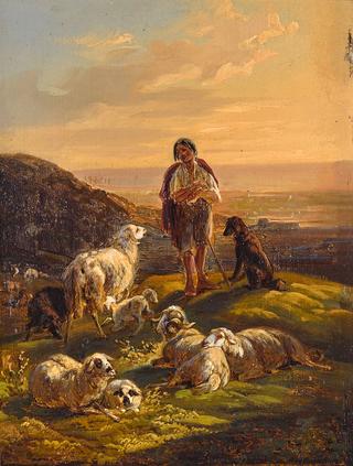 Shepherd with Flock of Sheep in the Evening Light