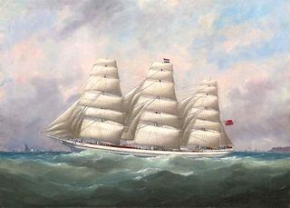 The three-master Hahnemann in full sail off a headland