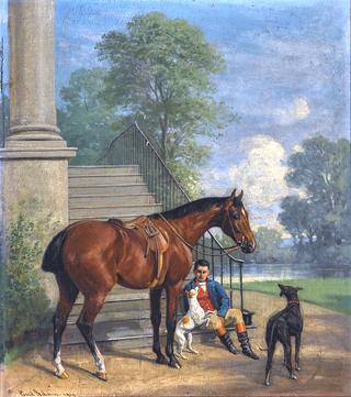 Resting Rider with Horse and Two Dogs