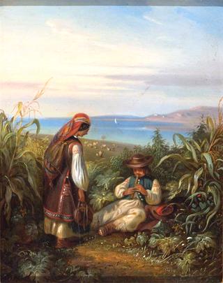 Adriatic Landscape with Couple in Dalmatian Costume