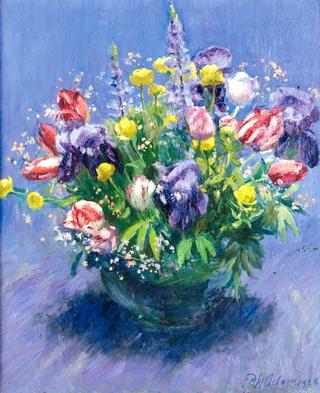 Tulips, Marsh Marigolds, Irises, and Lupins in a Vase